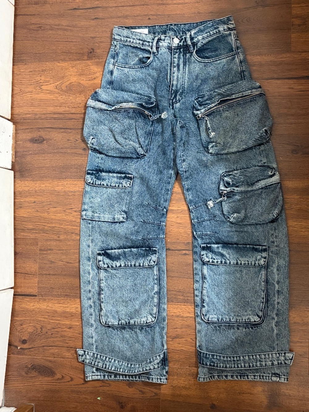 Zara Cargo Pocket Jeans – Size 30 – Utility Denim – Wide Leg – Acid Wash